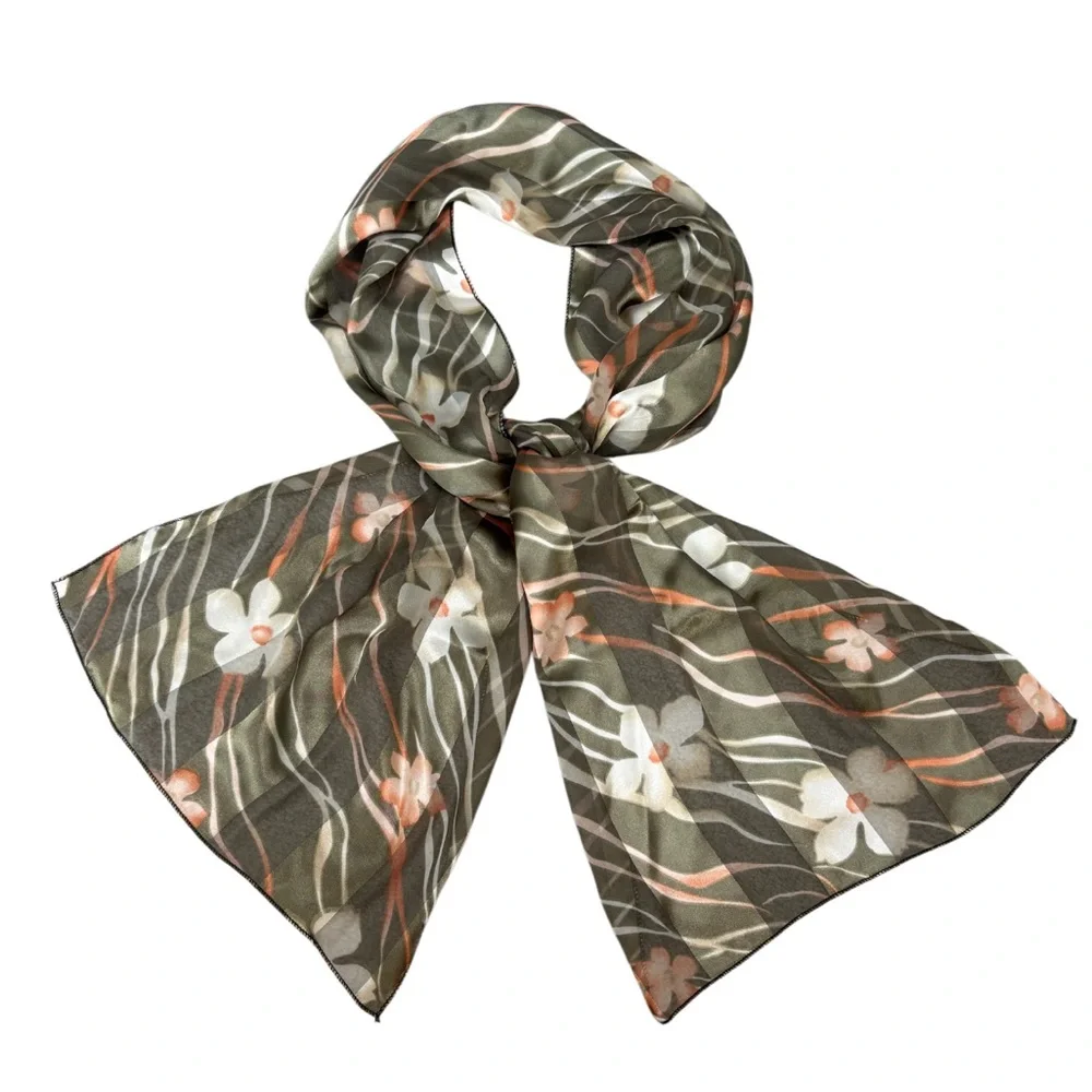 Vintage Silk Scarf Luxury Floral Botanical Print Green Gold Coral Orange Ivory